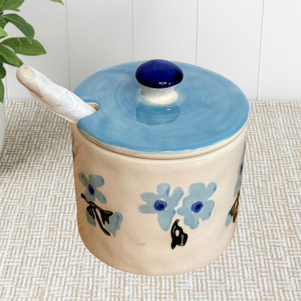 World Market Ceramic Sugar Pot Jar + Lid & Spoon Jam Floral Cottage Farmhouse
